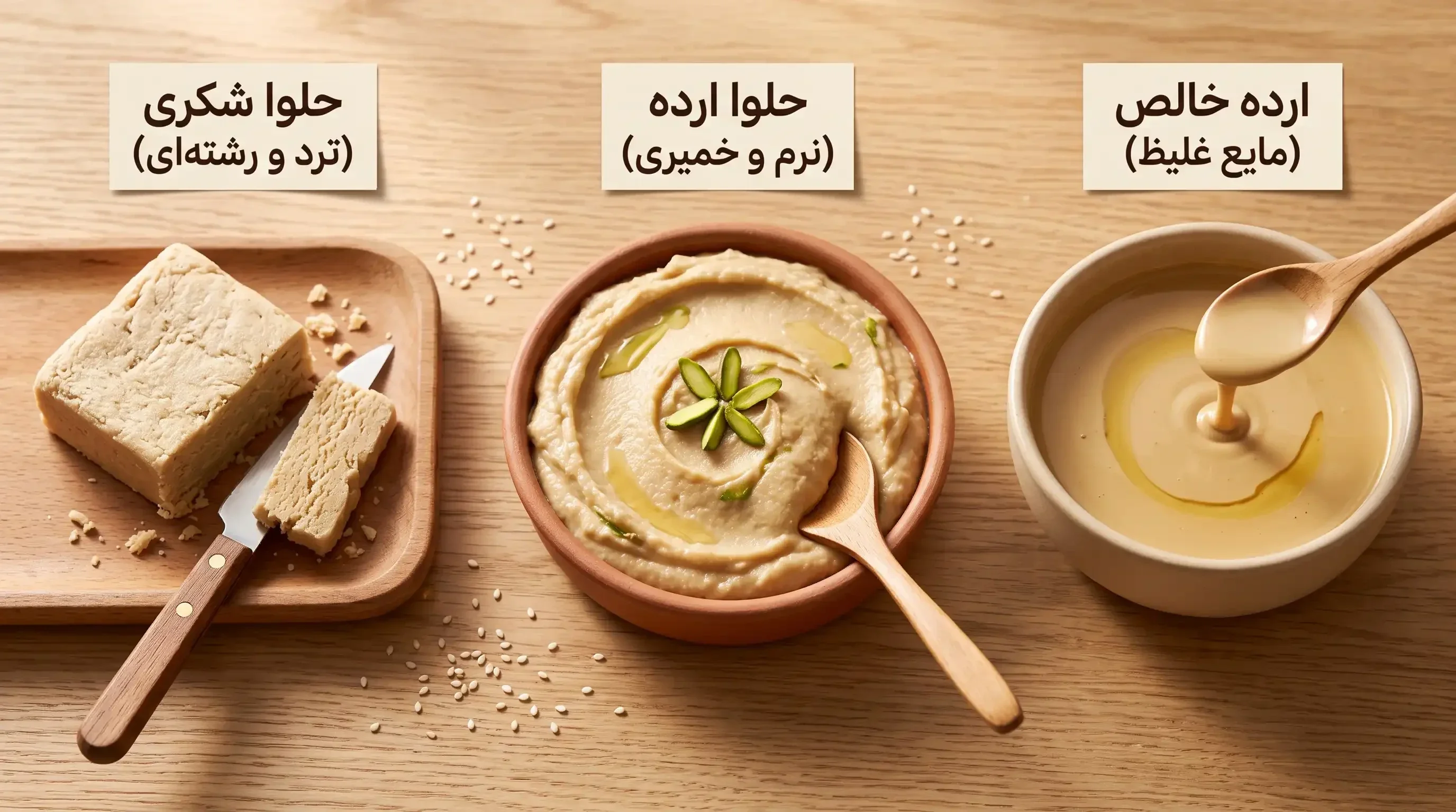 تفاوت بافت ارده خالص مایع، حلوا ارده نرم سنتی و حلوا شکری رشتهای