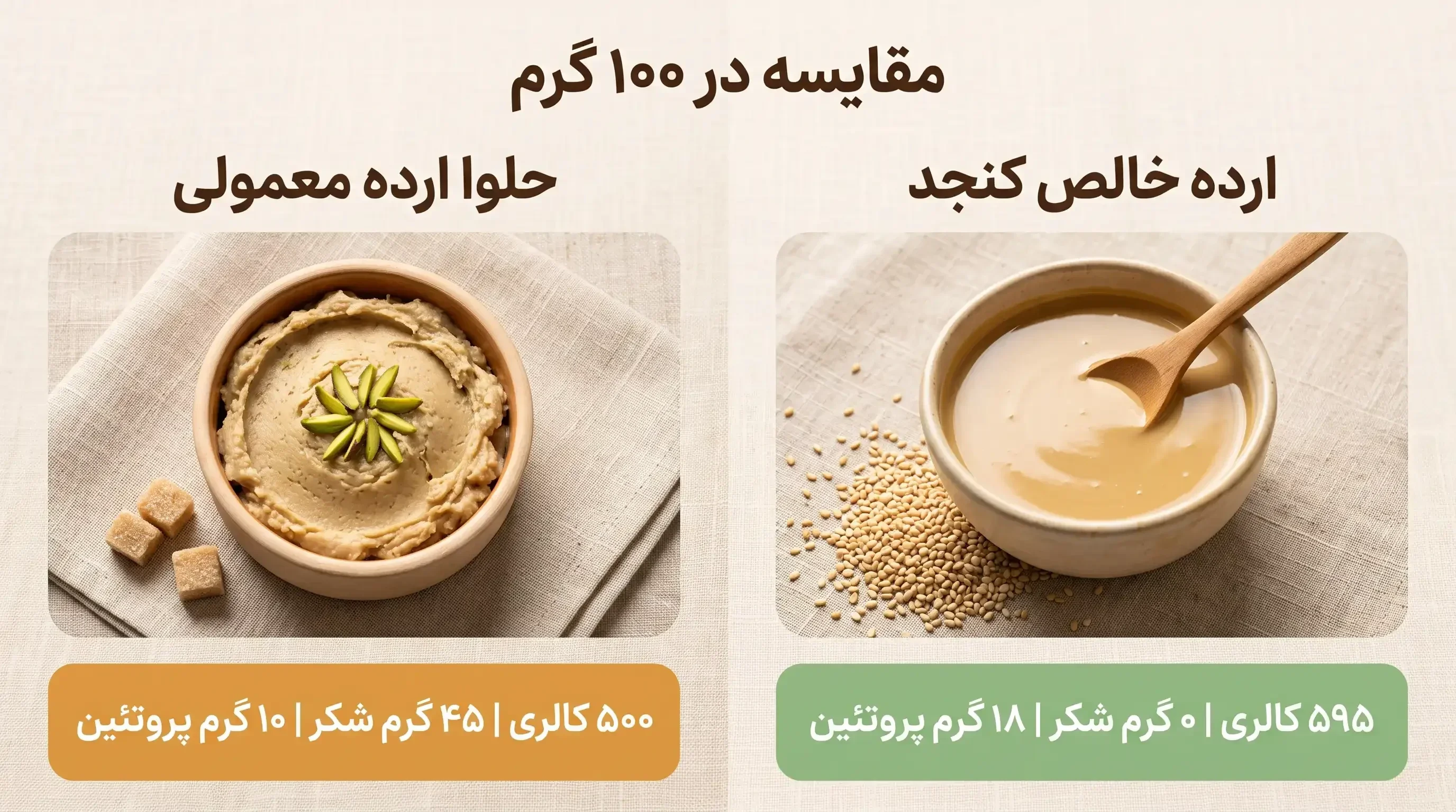 اینفوگرافیک مقایسه میزان کالری، قند و پروتئین در ۱۰۰ گرم ارده خالص و حلوا ارده