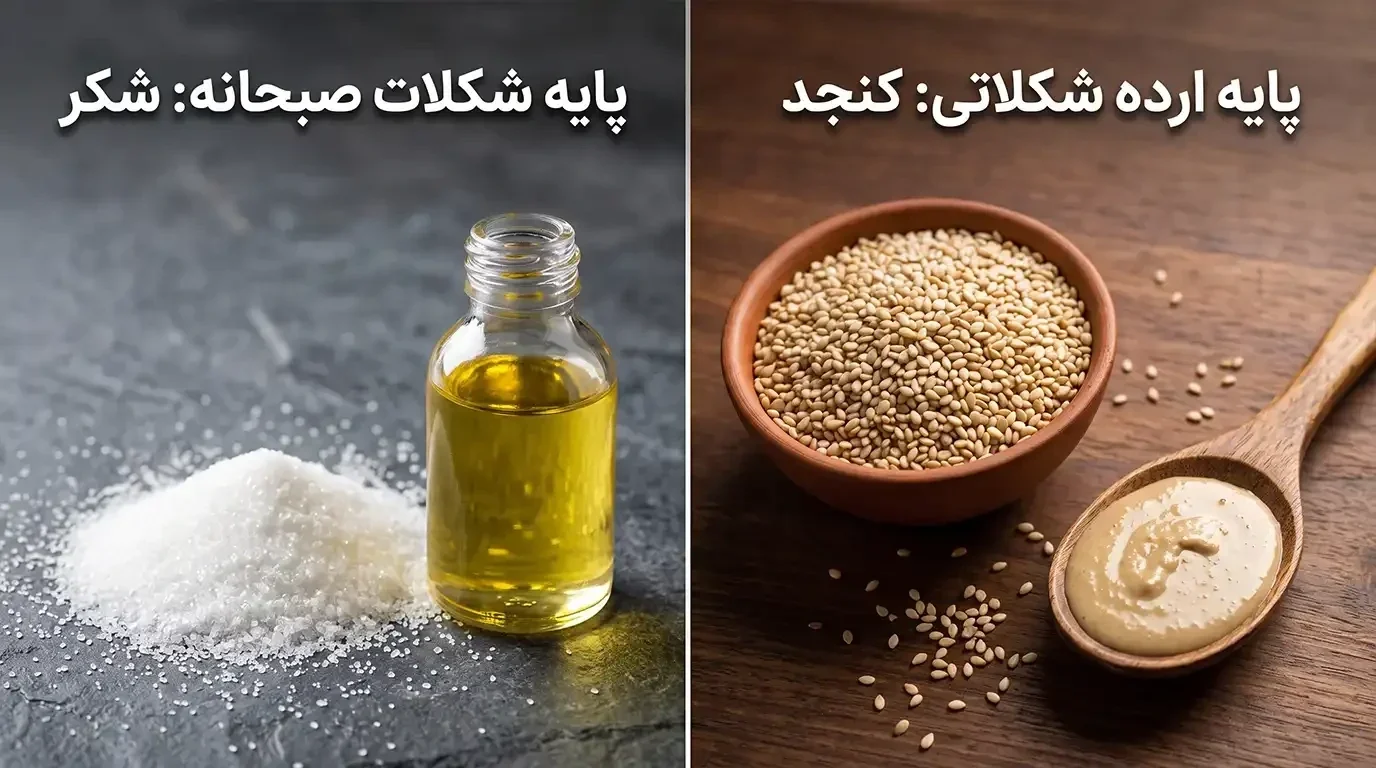 مقایسه مواد تشکیلدهنده اصلی شامل کنجد در ارده و شکر در شکلات صبحانه