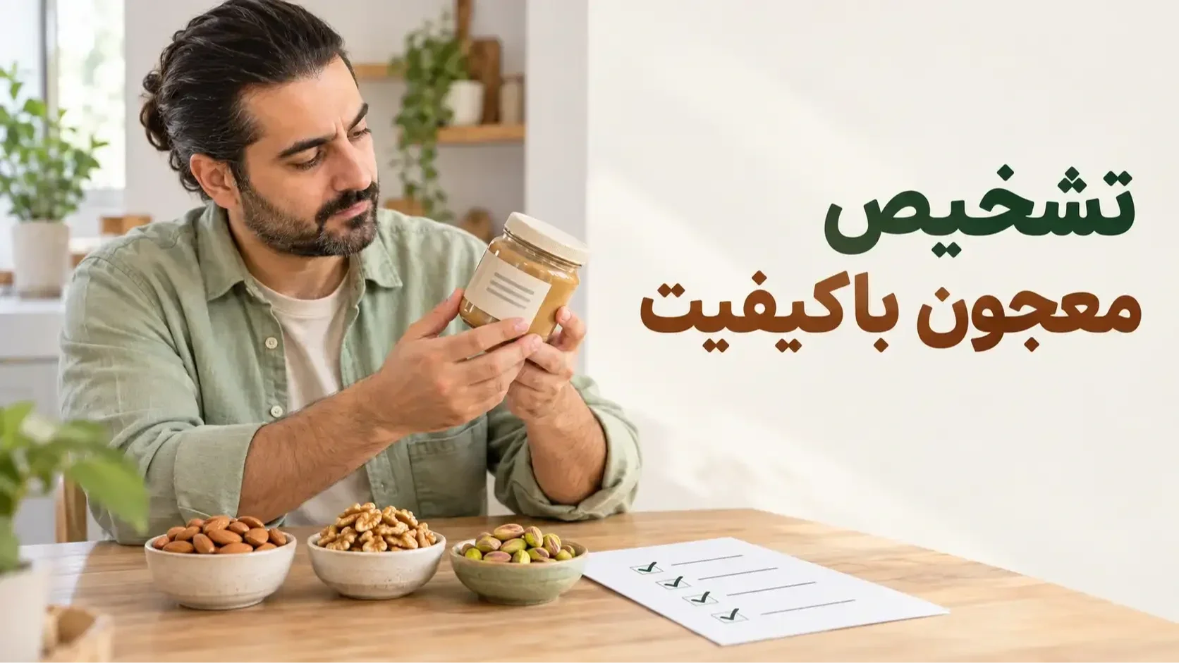زن در حال بررسی برچسب ظرف برای تشخیص ویژگیهای معجون باکیفیت