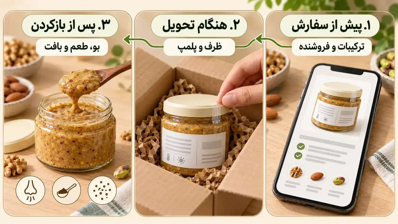 سه مرحله بررسی کیفیت معجون پیش از سفارش، هنگام تحویل و پس از بازکردن