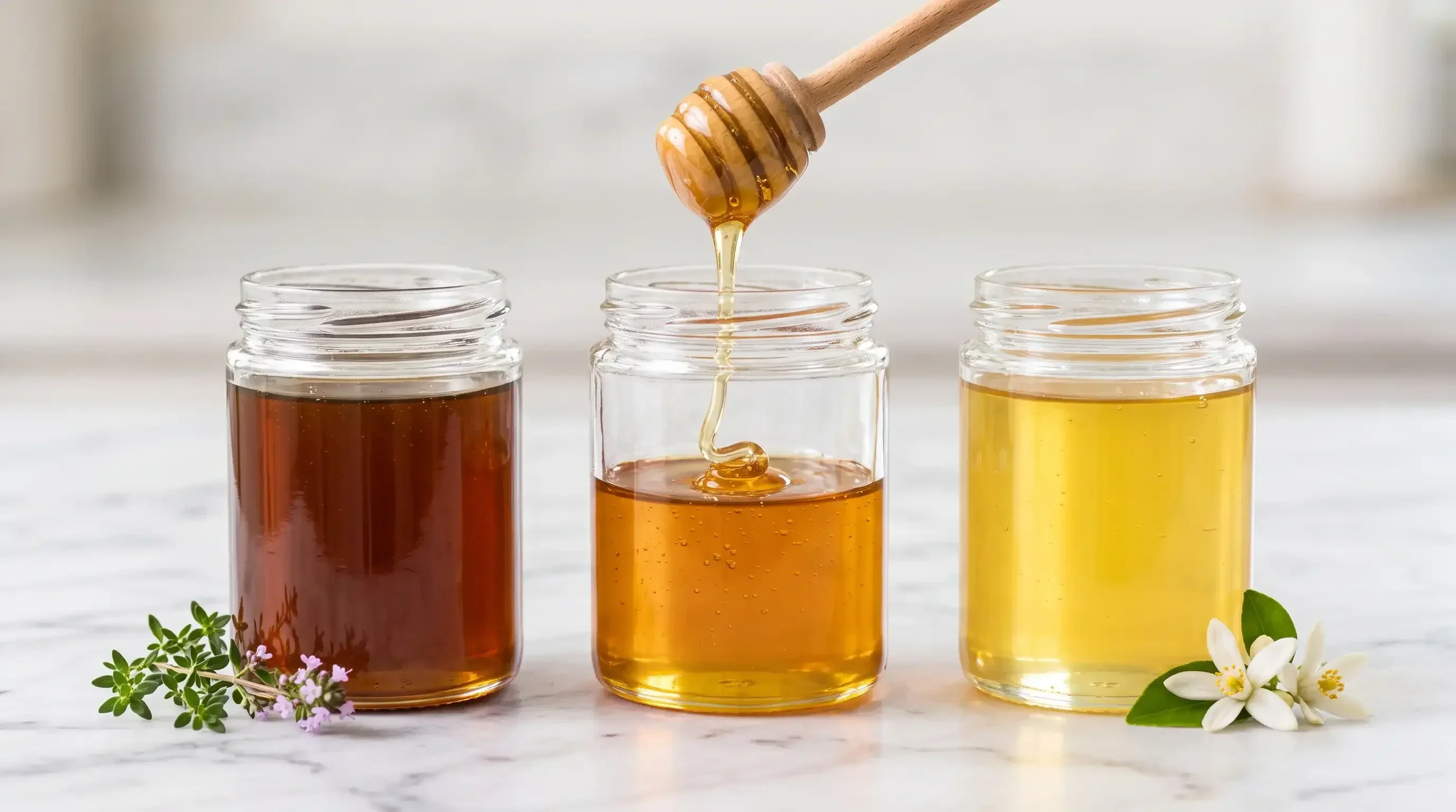 تفاوت رنگ و غلظت عسل طبیعی در سه شیشه یکسان همراه با گیاهان معطر