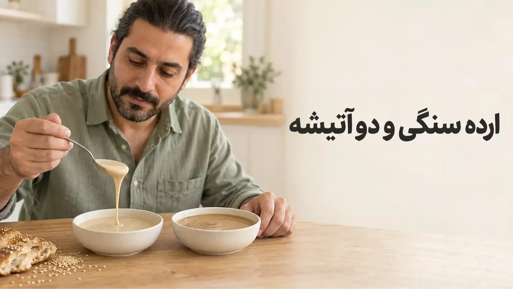 مرد در حال بررسی یک قاشق ارده کنار دو کاسه ارده با رنگهای متفاوت