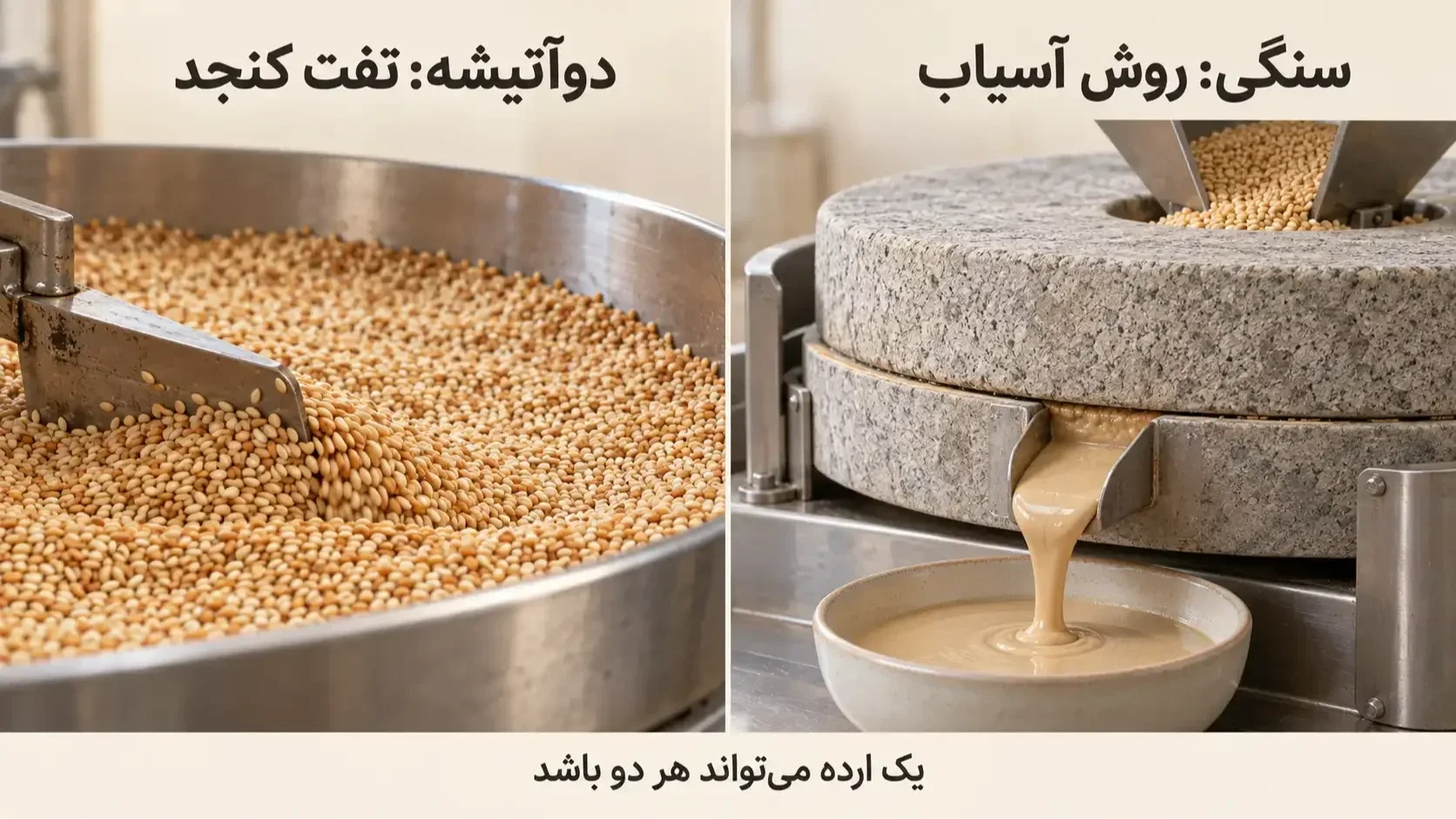 نمای آسیاب سنگی و تفت کنجد با توضیح اینکه یک ارده میتواند هر دو ویژگی را داشته باشد